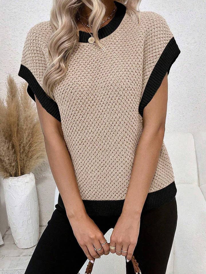 Light French Beige Contrast Trim Batwing Sleeve Sweater Top for wholesale on Faire