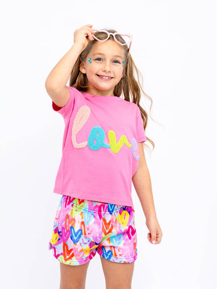 Limeapple - Wholesale Lounge Shorts - Kids - Girls Plush Lounge Short - Graffiti Hearts 2 Pc Prepack1