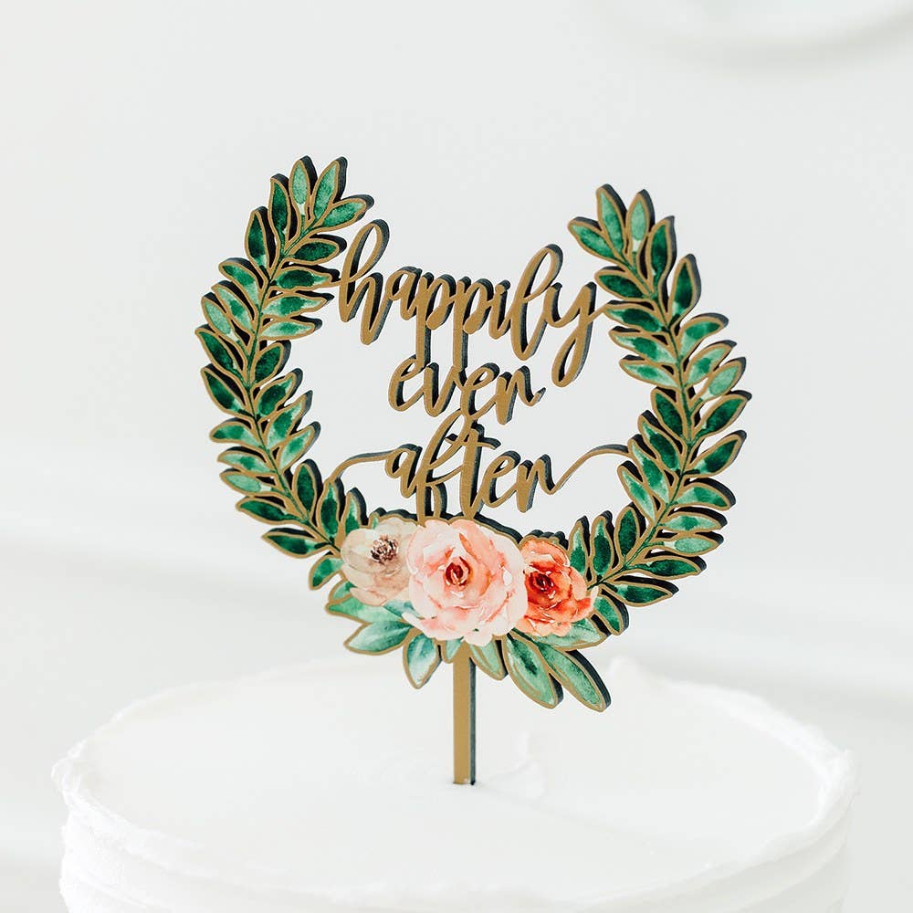 Weddingstar Inc. - Wholesale Cake/Cupcake Topper - Natural Wood Cake Topper - Floral Happily Ever After0