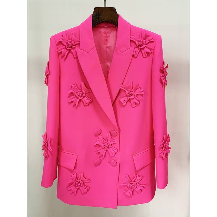 Blazer croisé orné de fleurs 3D fait main rose vif pour la vente par Productseeker