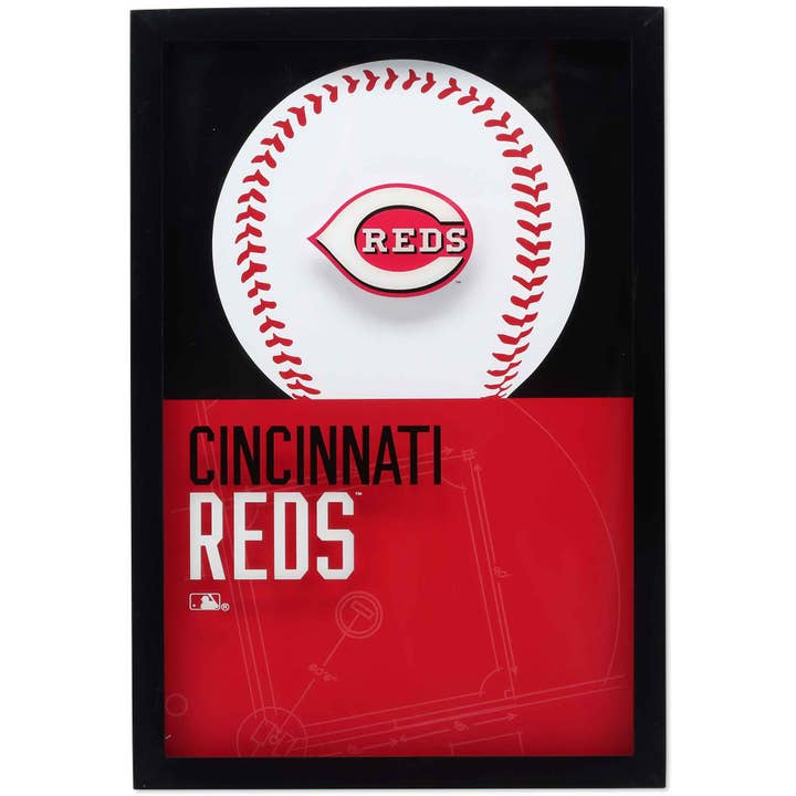 Cincinnati Reds Logo Baseball & Diamond Framed Glass Sign for wholesale by Open Road Brands, LLC