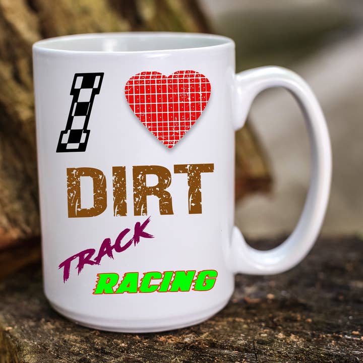 Kaffeetasse mit Zitat: „Ich liebe Dirt-Track-Rennen“ für den Großhandel von DK LaserWorx