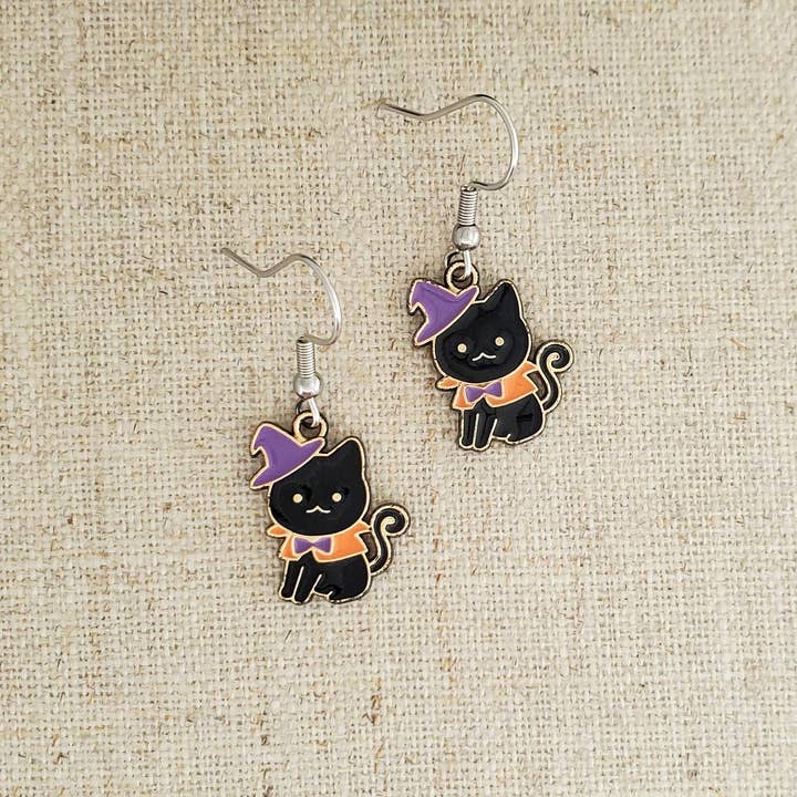 Halloween Cat Witch Enamel & Stainless Earring      for wholesale by Covaly Artisan Jewelry