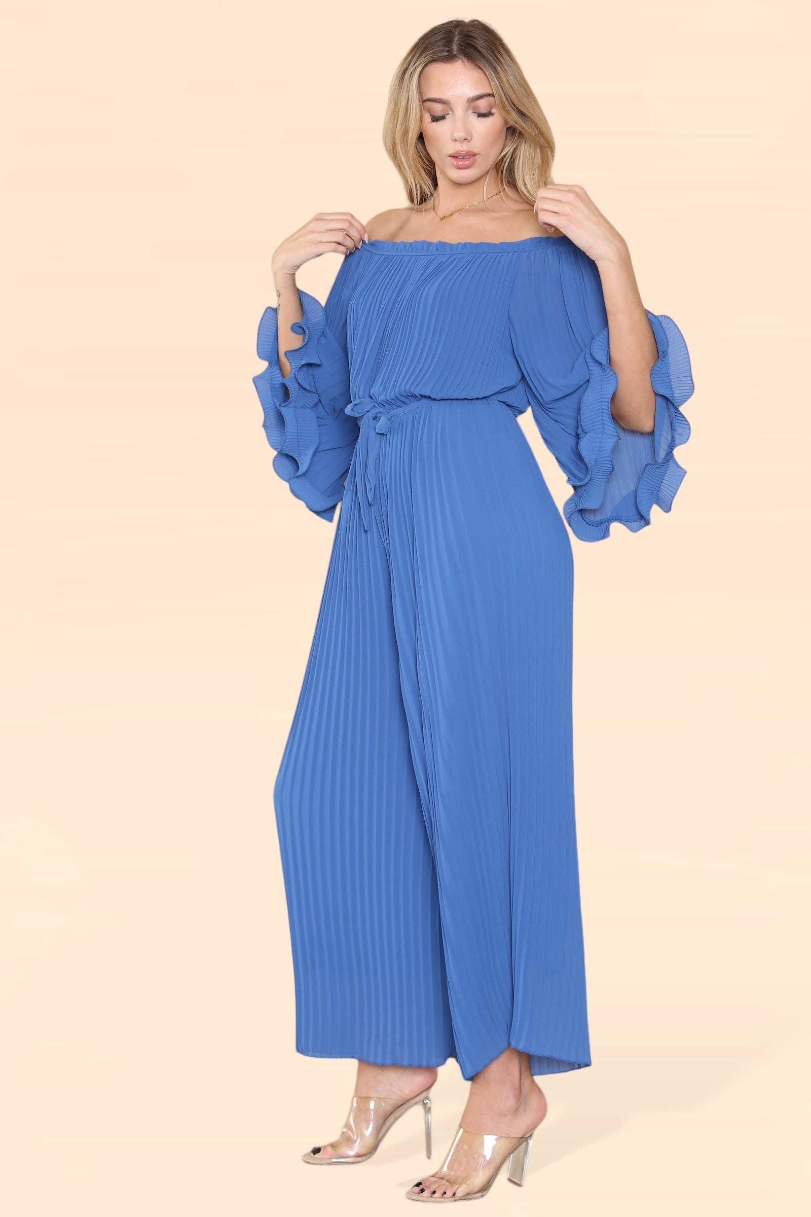 WHITE Sofia Bardot Pleated Frill Jumpsuit for wholesale on Faire9
