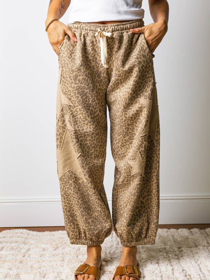 Western Leopard Star Patched Drawstring Jogger Pants for wholesale by fashionworks