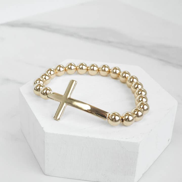 PennyLine inc - Wholesale Beaded Bracelet - Minimal Cross Ball Beads Stretchy Bracelet - Gold Silver tones