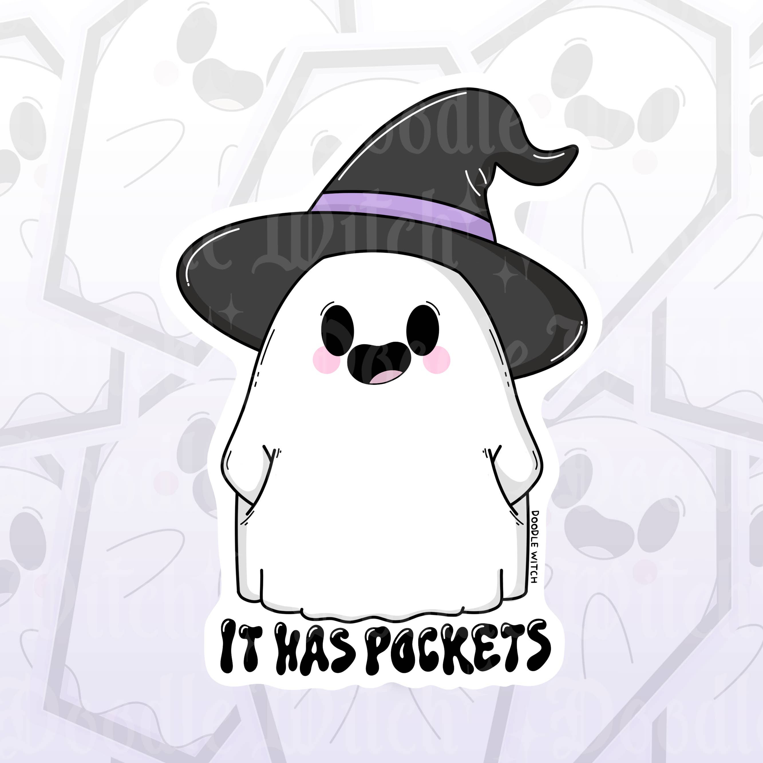 DoodleWitch - Wholesale Sticker - It has pockets Ghost with Witch Hat Goth Alt sticker