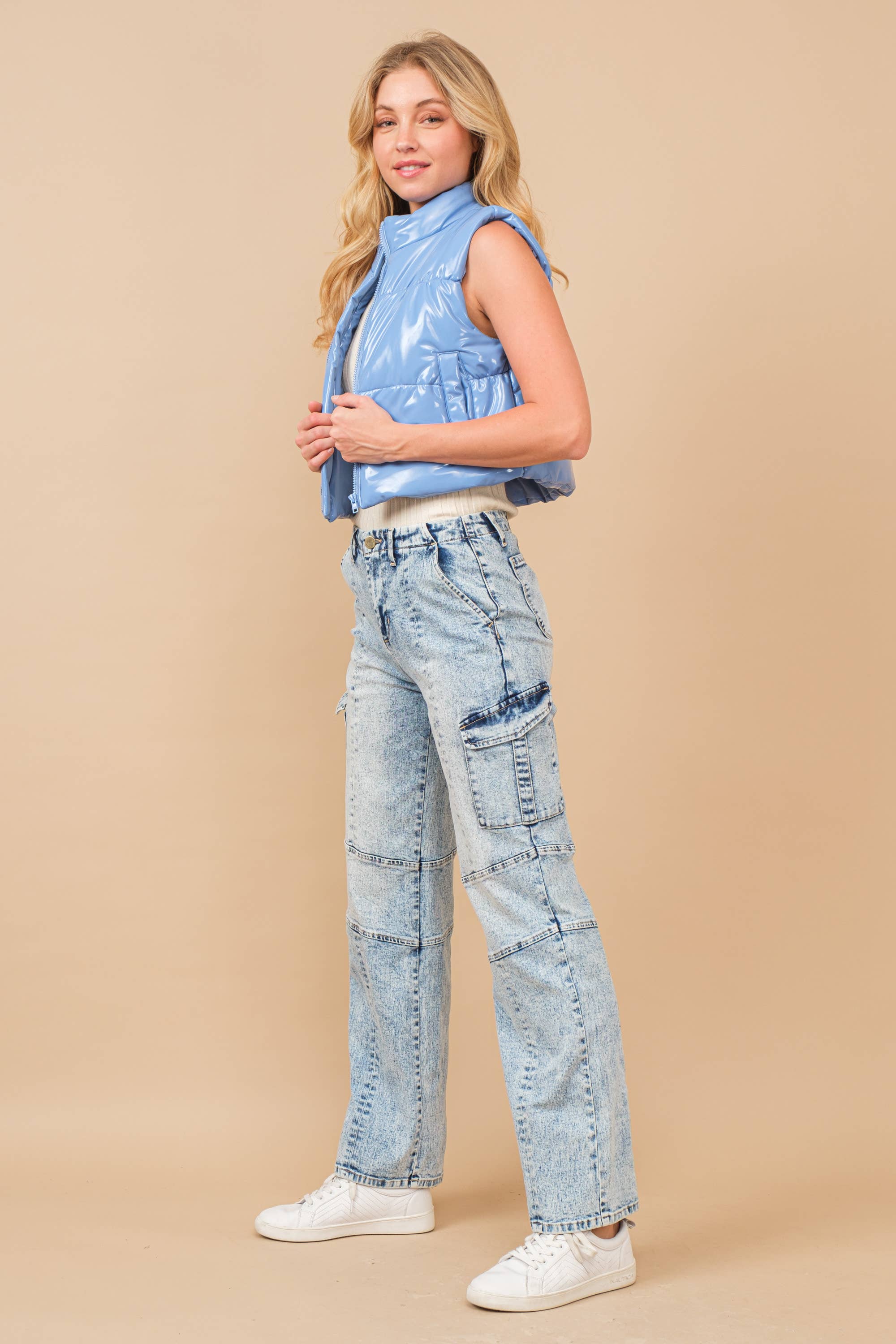 Blue B - Wholesale Outerwear Vest - Women's - 22656J - Gloss Shiny PU Quilted Puffer Zip Up Crop Vest59