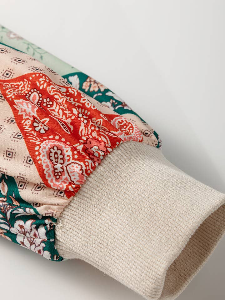 Jet Stream Paisley Geometric Patchwork Crew Neck Loose Fit Top for wholesale on Faire3