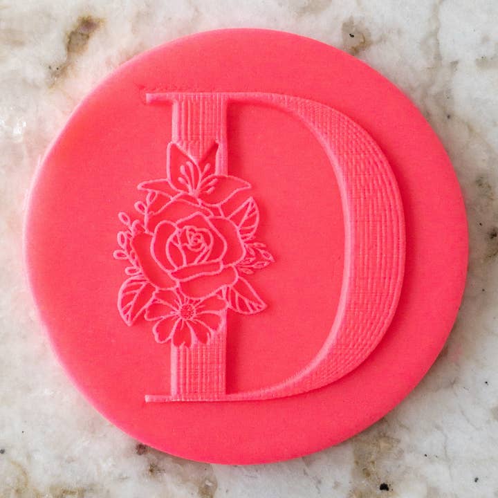 Floral Alphabet Letter D POPup Embosser Stamp Cookie Biscuit for wholesale by Cut Bake Stamp