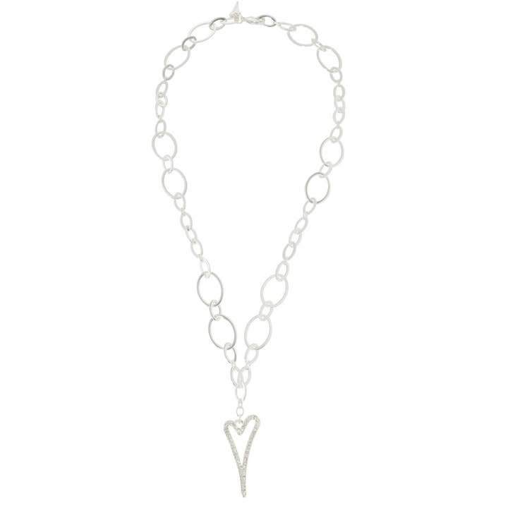 Necklace Silver 70cm multi link with a hollow diamante heart for wholesale by Miss Dee