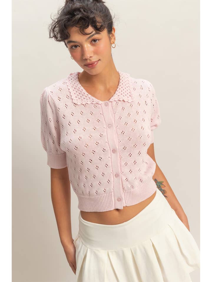 Pointelle Collar Button-Up Puff Sleeve Knit Top for wholesale by HYFVE