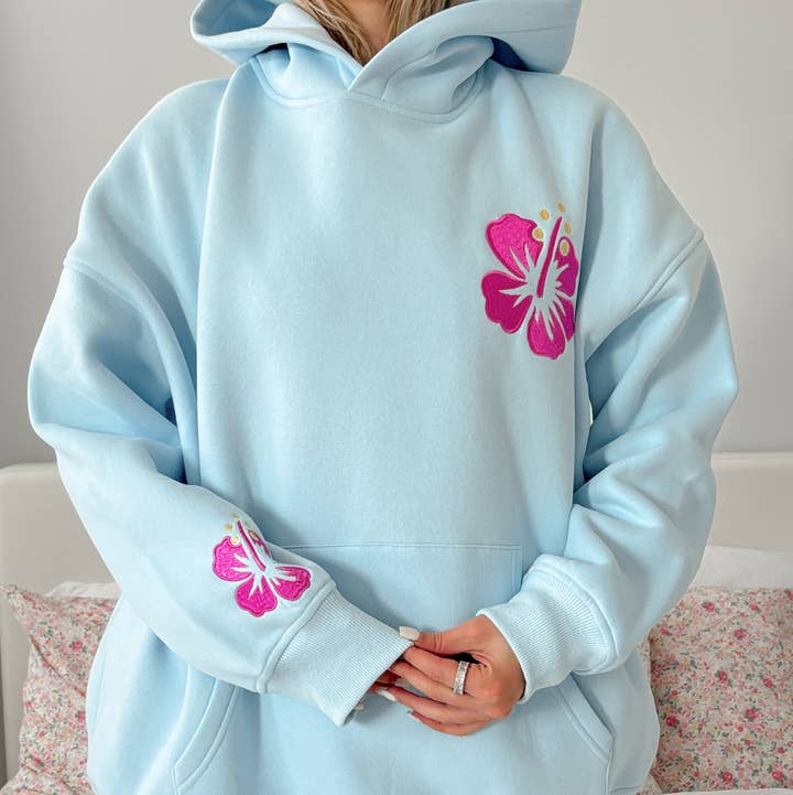Icy Blue Hibiscus Flower Beach Babe Embroider Hoodie for wholesale by Sunkissed Coconut