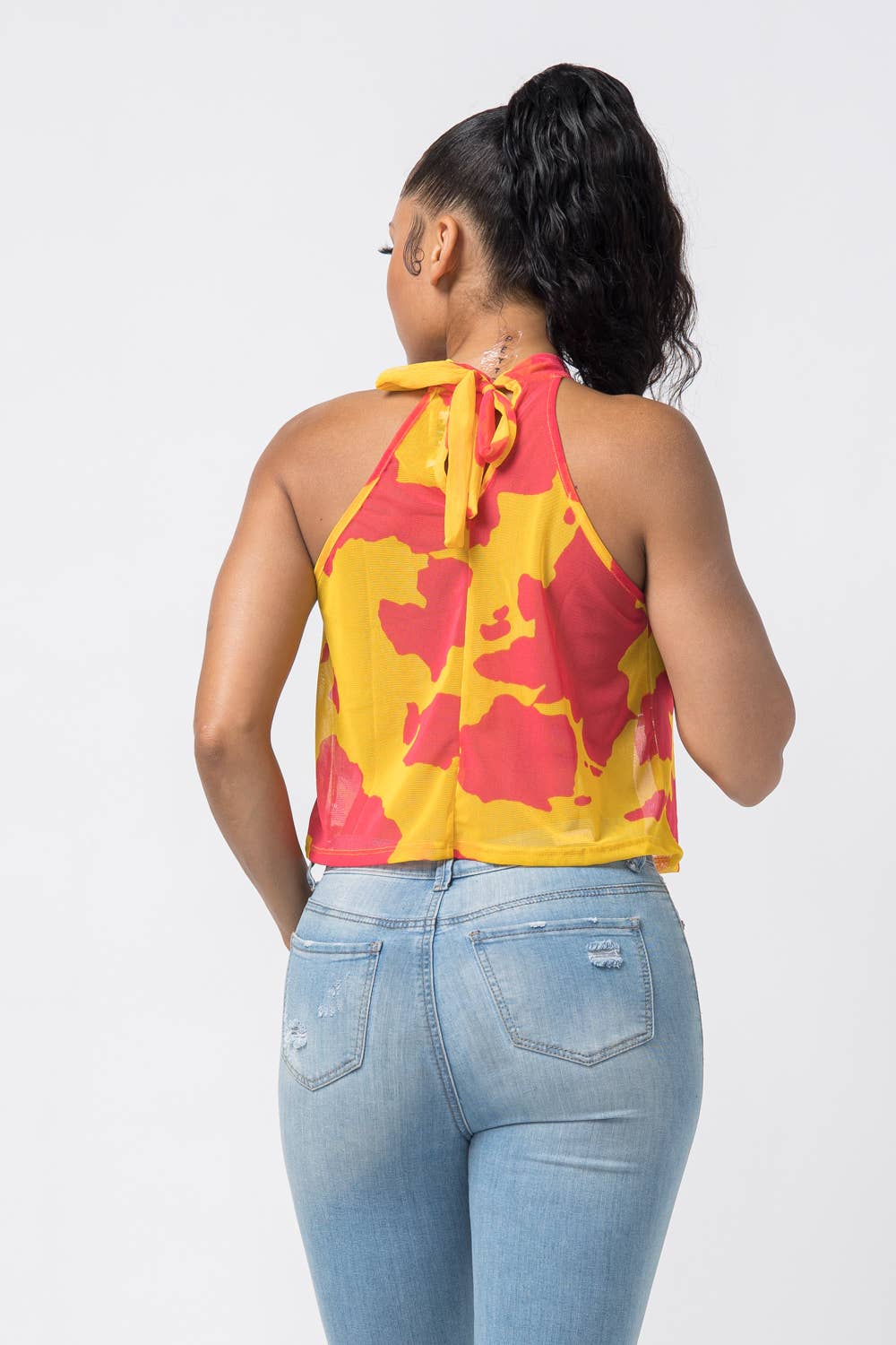 Giallo-Rosso Top senza maniche con scollo all'americana e stampa in vendita all'ingrosso su Faire3