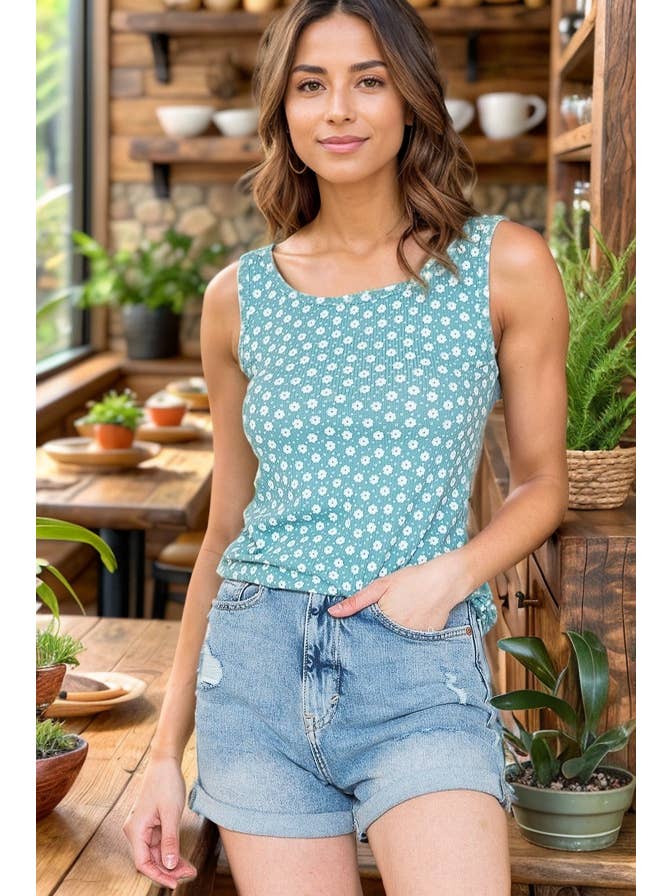 Burgundy Apparel - Wholesale Tank Top - Women's - DITSY FLOWER RIB TANK TOP