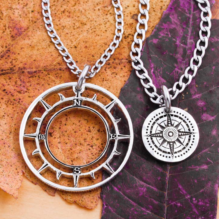 Small and Large Compass Necklaces, Engraved Silver for wholesale by NameCoins