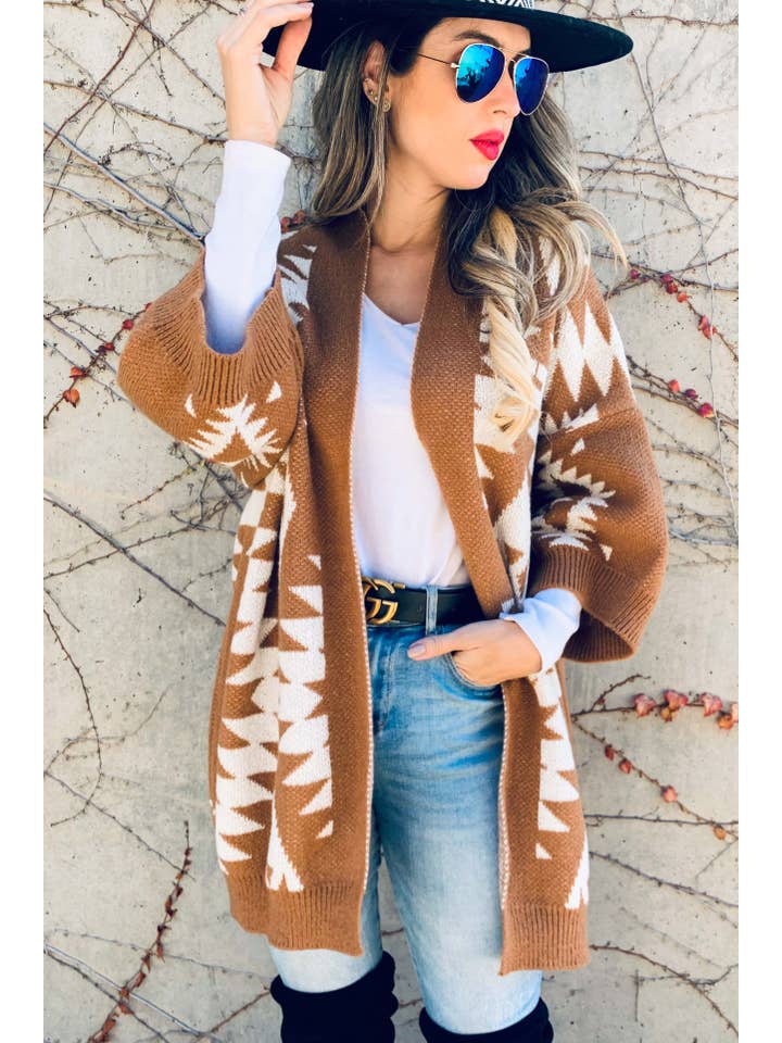 Caramel Open Front Aztec Printed Knitted Cardigan for wholesale on Faire3