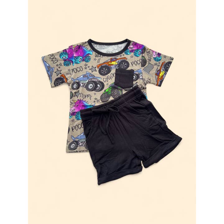 Ensemble de jour 2 pièces garçon en bambou avec camion monstre pour la vente par CEDDY & RIA