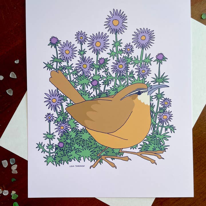 Lydia Tonkonow Art and Design LLC - Wholesale Art Print - Carolina Wren and New England Aster - 8x10" Print2