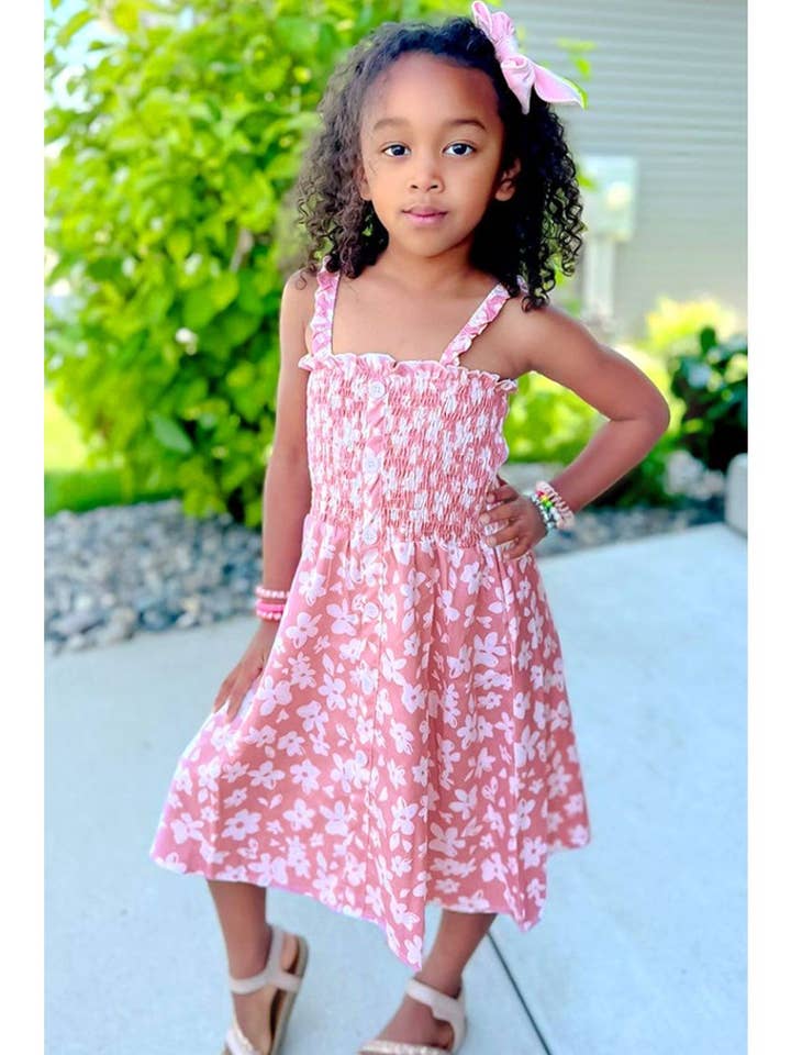 GKD-3105B-L52 Girl's Floral Dress w/ Smocking & Buttons for wholesale by Cutie Patootie Clothing