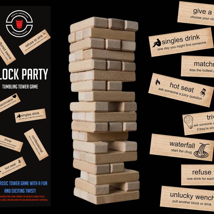 Block Party - Tumbling Tower Game™ for wholesale by North American Weekend Association