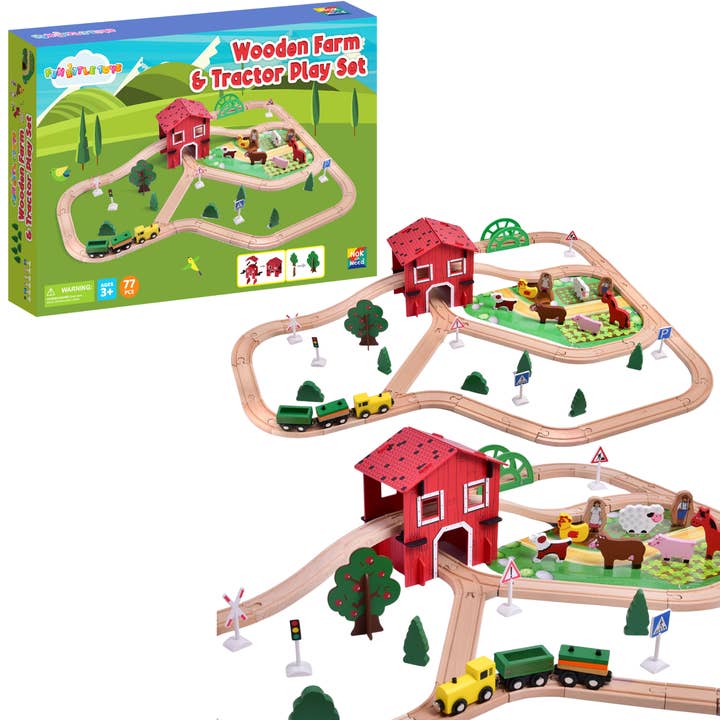 Fun Little Toys - Wholesale Toy Set - Kids - 77 Pieces Wooden Farm & Tractor Play Set