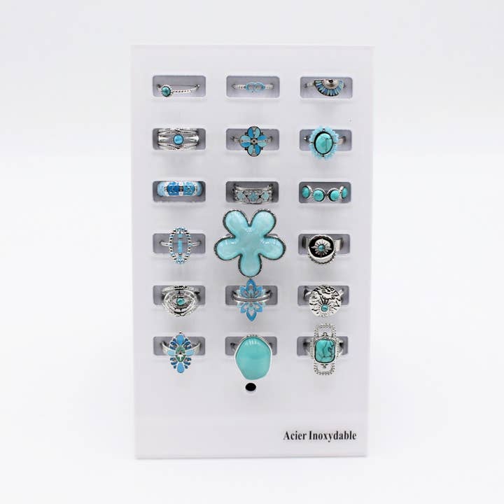 Set of 18 stainless steel rings - silver turquoise for wholesale by Reference Mode