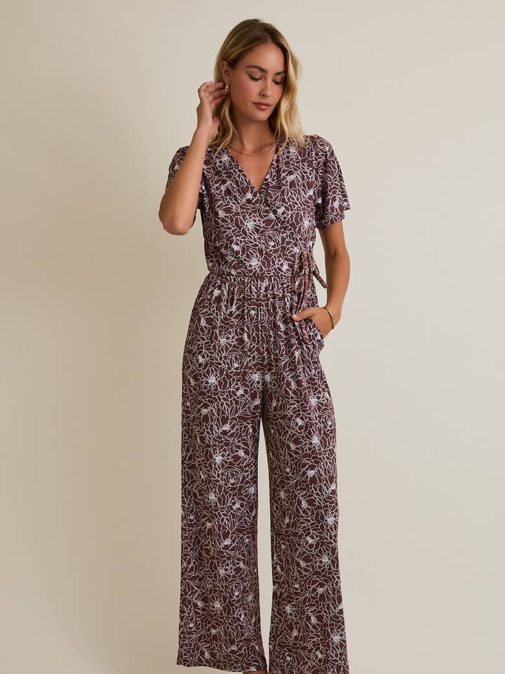 SURPLICE HALF SLEEVE WIDE LEG FLORAL JUMPSUIT for wholesale by GILLI