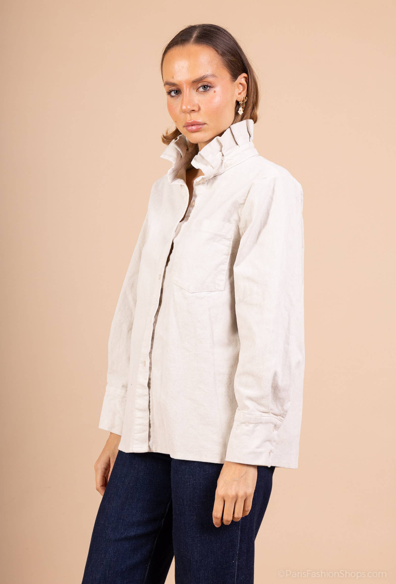 Pépouz' Paris - Wholesale Button Down Shirt - Women's - Corduroy shirt with ruffled collar PC25527