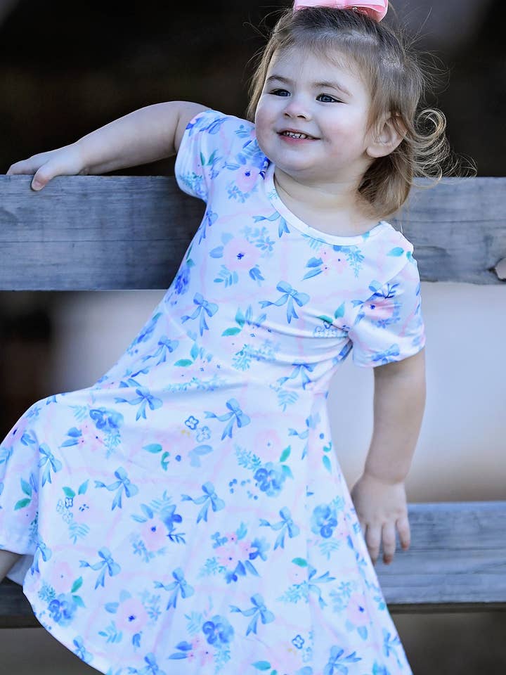 Blue Bow Floral Print Milk Silk Girls Dress for wholesale by Rylee Faith Designs