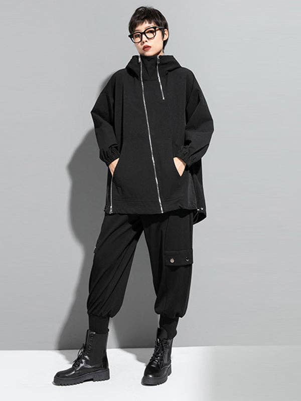 BLACK Fashion Irregularity Loose Solid Color Zipper Hooded Outerwear for wholesale on Faire10