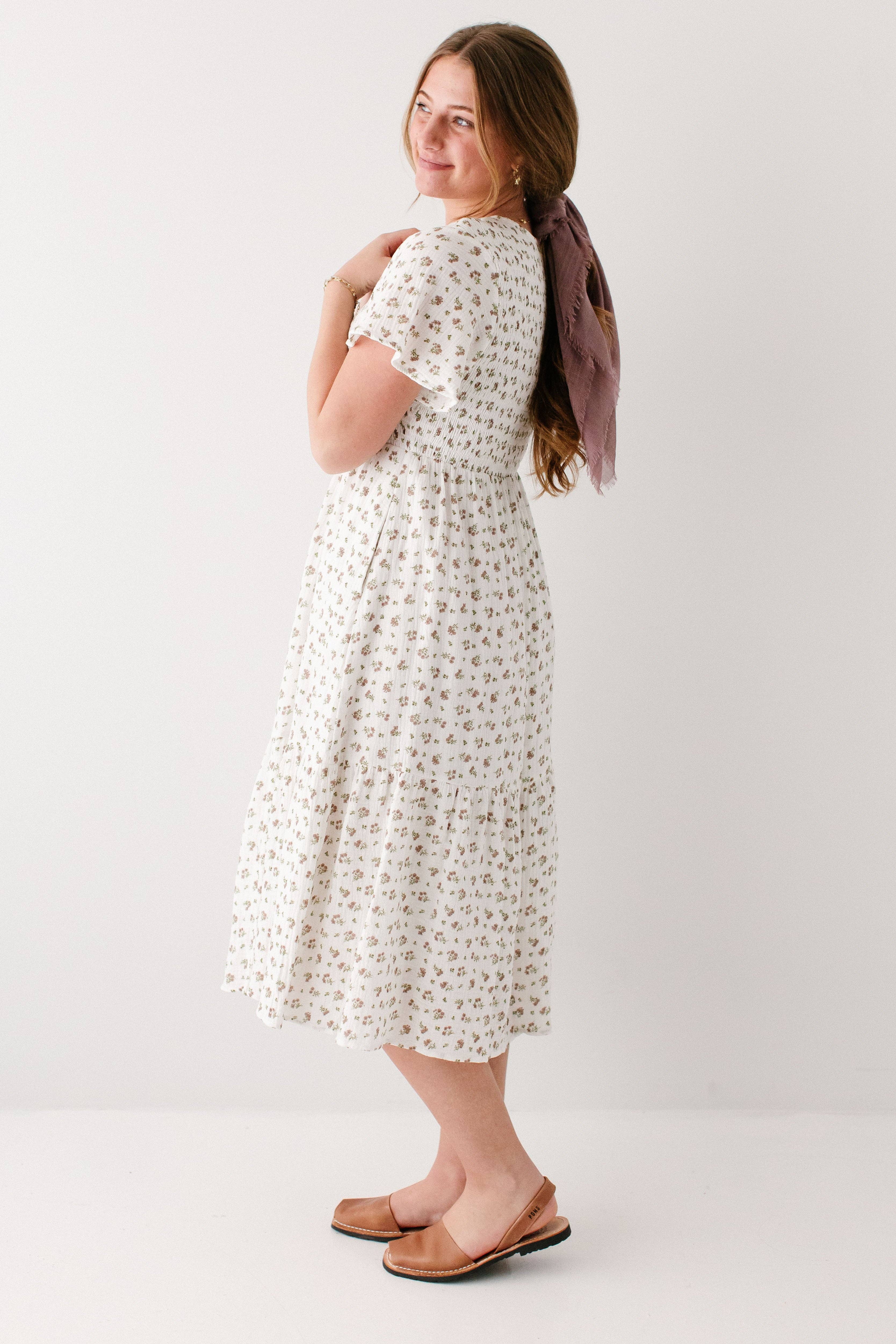 White 'Lynette' Smocked Bodice Floral Midi Dress for wholesale on Faire4