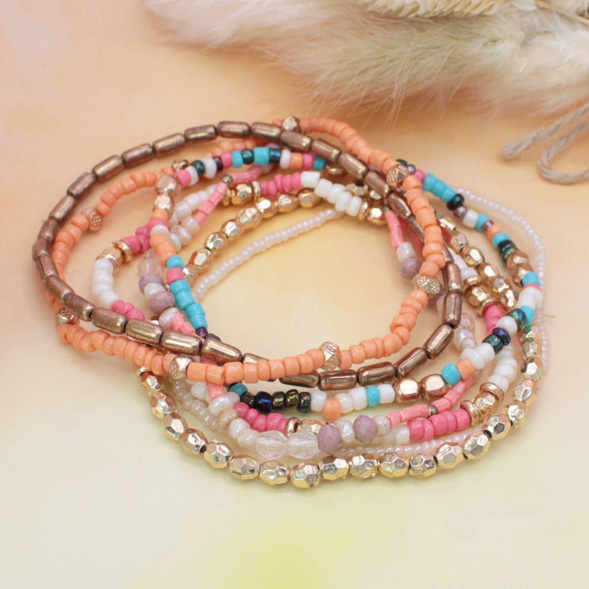 ZAD - Wholesale Beaded Bracelet - Warm Tone Gold Orange Bead Bracelet Set2