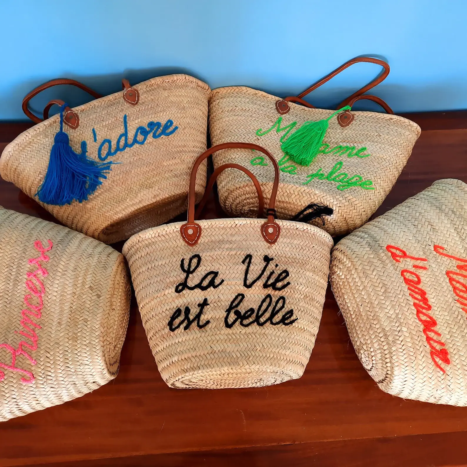 DarKech - Vente Sac de plage - Panier French Market, sac en paille fait main avec du cuir2