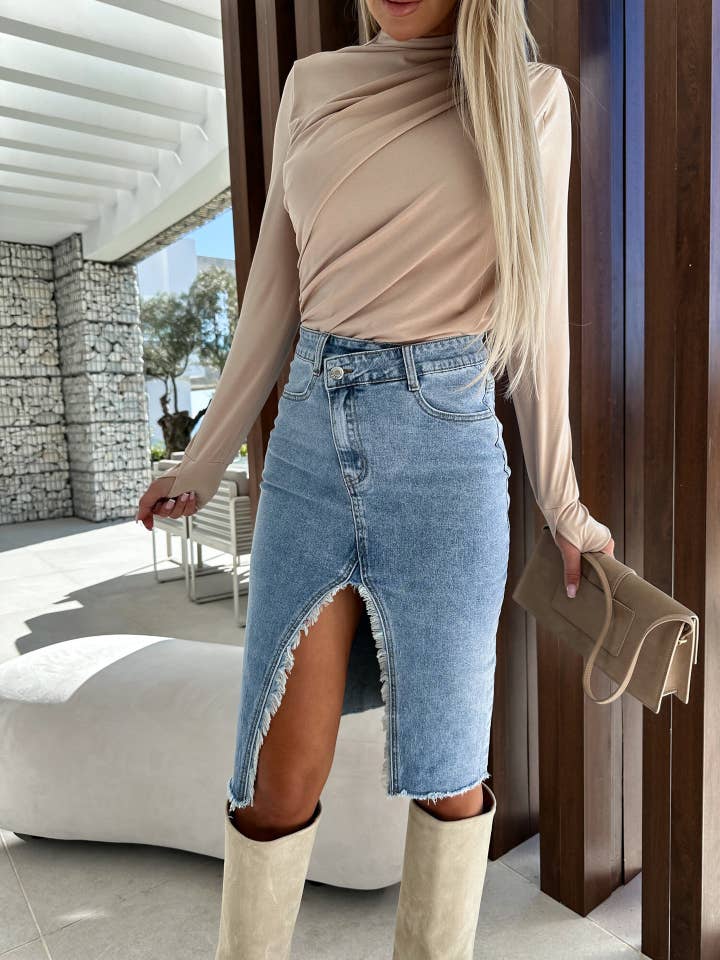 Blue Solid Color Denim Split Skirt for wholesale on Faire