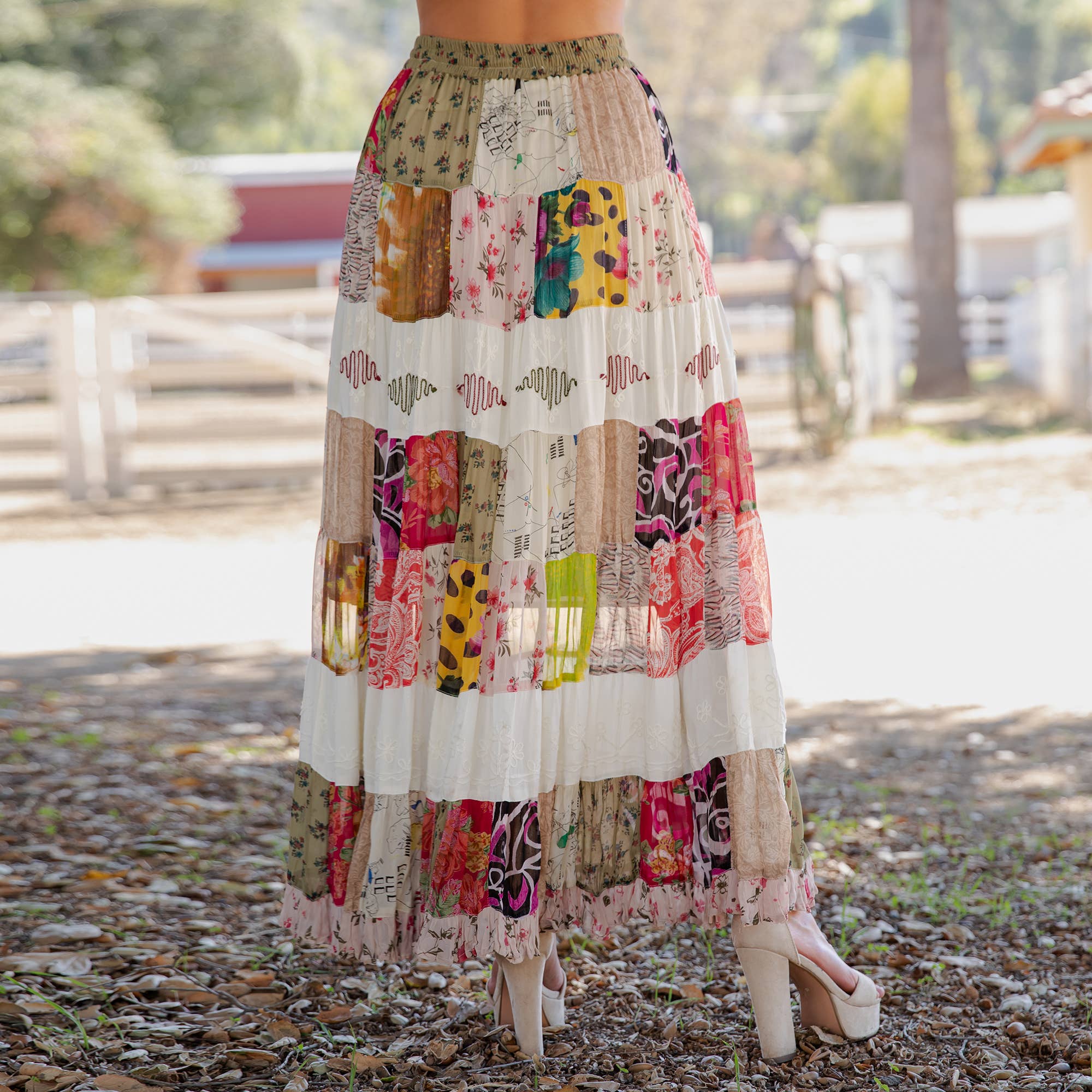 Young Threads - Wholesale Skirt - Women's - Artisan Boho Mixed Print Tiered Patchwork Maxi Skirt (NEW)12