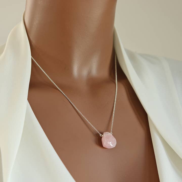 Hand-cut Light Pink Rose Quartz Teardrop Necklace for wholesale by Third & Co. Studio