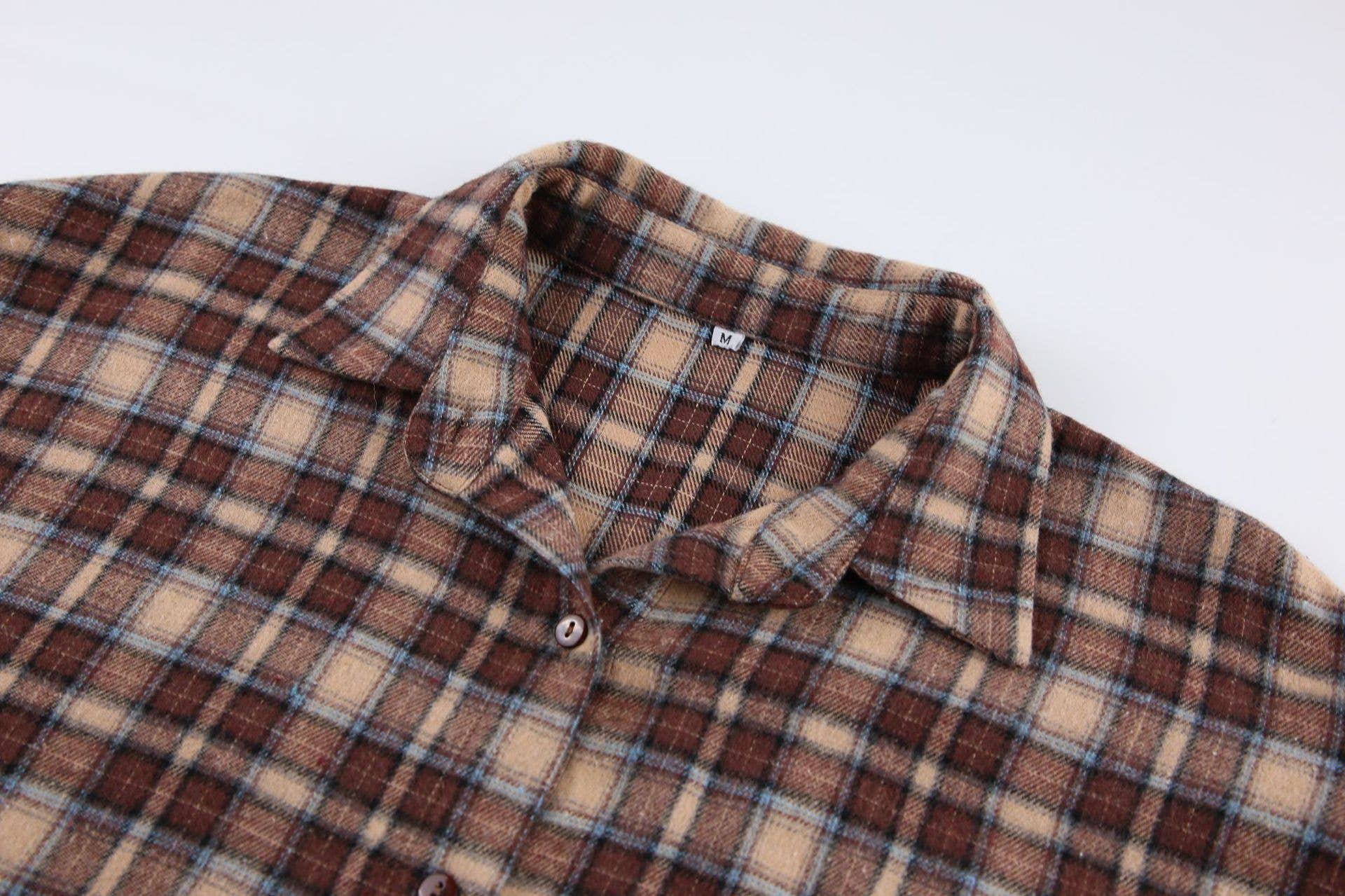 Khaki Loose American vintage long design plaid shirt for wholesale on Faire4