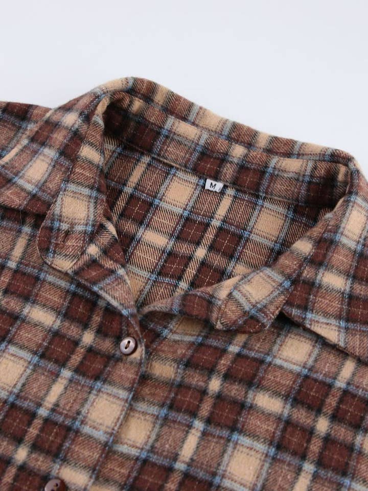 Khaki Loose American vintage long design plaid shirt for wholesale on Faire4