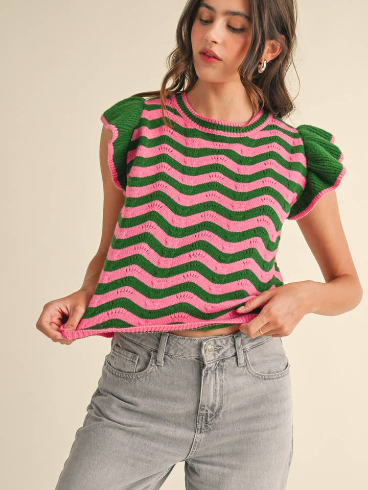 &MERCI - Wholesale Knit Sweater - Women's - WAVY STRIPES FLUTTER SLEEVE SWEATER TOP MSW1050932