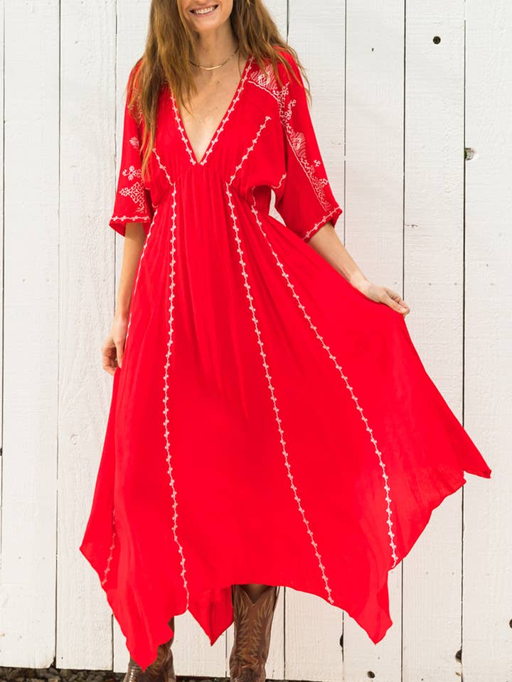 Short Sleeve Embroidery Handkerchief Maxi Dress for wholesale by En Crème