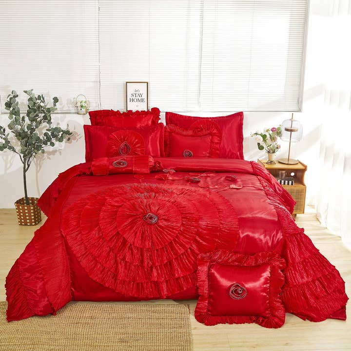 Tache Satin Ruffle Victorian Glam Romantic Red Rose Comforter Set (HY4174) for wholesale by Tache Home Fashion