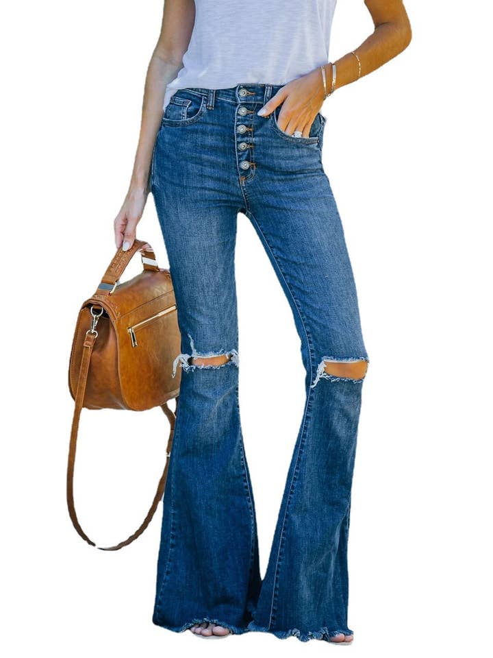 Deep blue Women’s Dark Denim Micro-Flare Pants for wholesale on Faire1