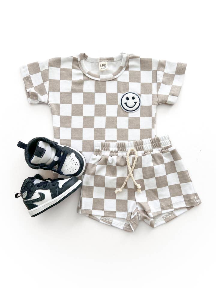Checkered Shorts Set | Latte for wholesale by Lucky Panda Kids