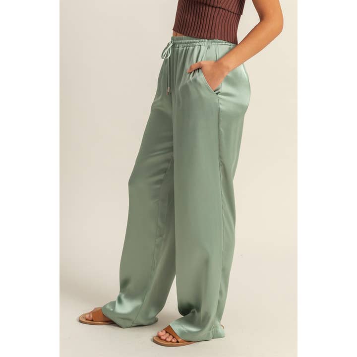 HYFVE - Wholesale Pants - Women's - DZ24F332-Drawstring Waist Wide Leg Satin Pants