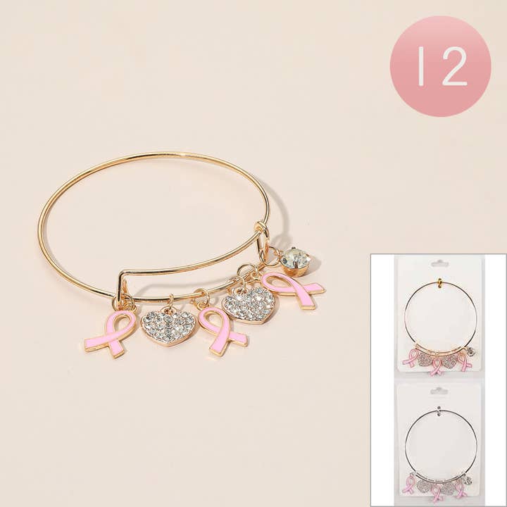 Sensibling Corp. - Wholesale Charm/Dangle Bracelet - 12PCS - Awareness Pink Ribbon Charm Heart Accents Bangle Bracelets