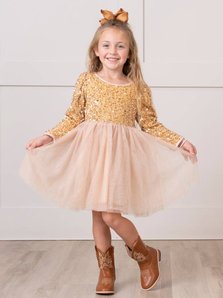 Gold Sparkle Party Long Sleeve Tulle Dress for wholesale by Marie Nicole Clothing