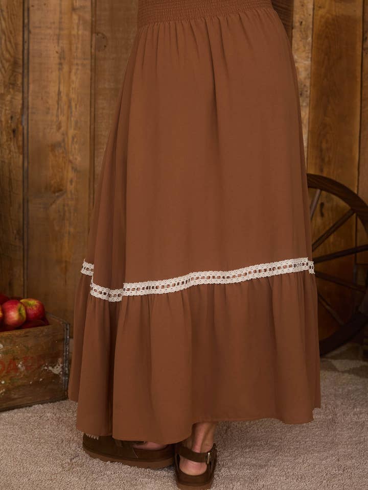 Blu Pepper - Wholesale Skirt - Women's - CONTRAST LACE TRIM SMOCKED WAIST MIDI SKIRT