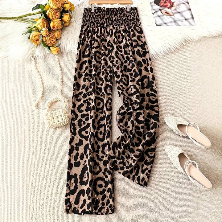 Masyal - Wholesale Pants - Women's - Women's Leopard Print Elastic Waist Wide-Leg Pants2