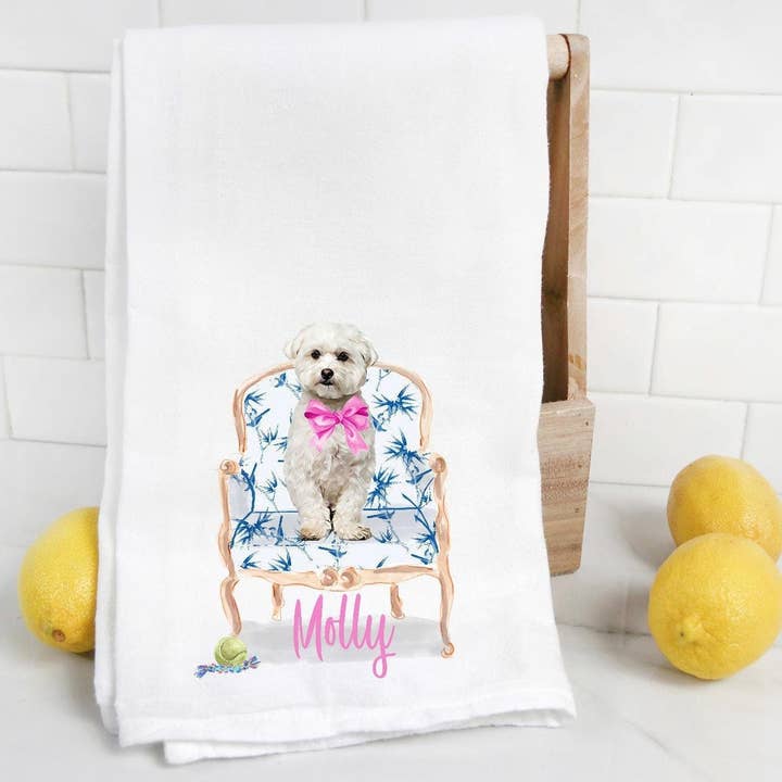 Benutzerdefinierte maltesische Mehlsack Handtuch, Geschirrtuch, Hundemama, Hundevater, personalisierter Name, Bichon, Aquarell-Haustierporträt für den Großhandel von The Preppy Pineapple Home